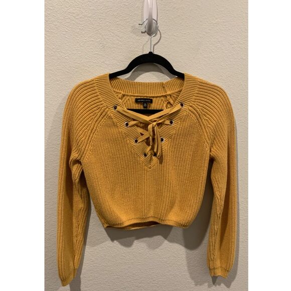 KENDALL & KYLIE Mustard Long Sleeve Lace Up V Neck Cropped Sweater - Picture 1 of 3